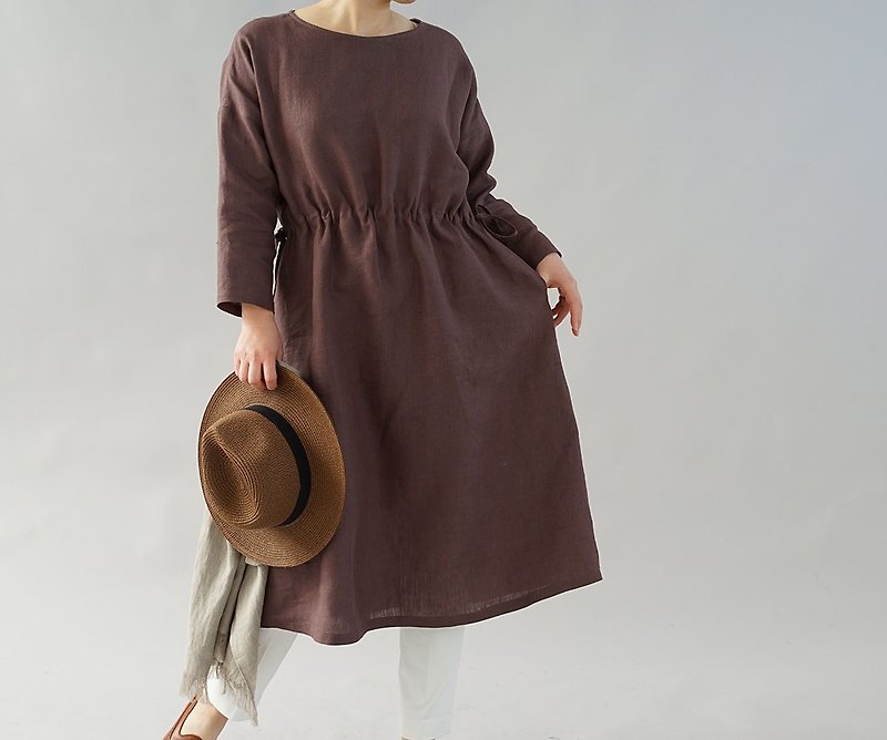 wafu  linen dress / midi length / long sleeve / round neck / brown a012b-azk2 - One Piece Dresses - Cotton & Hemp Purple