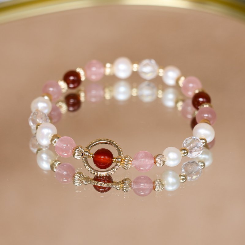 Snow White/Peach Blossom-Ren Yuan/Garnet- Stone Quartz-Pearl-Crystal/Natural Gemstone Bracelet - Bracelets - Crystal Pink