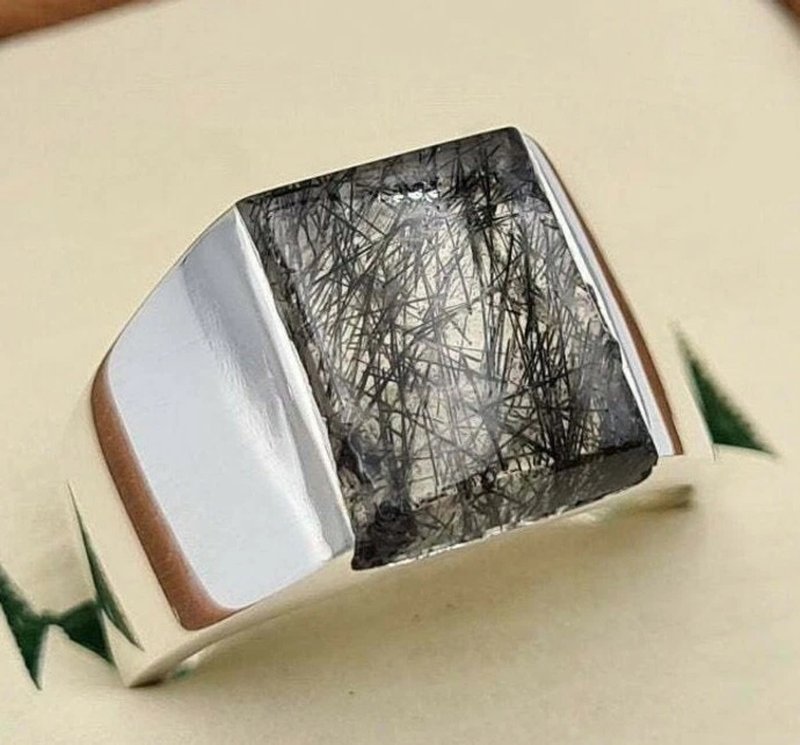 Black Rutilated Quartz Stone Sterling Silver Jewellery Mens Real Quartz Gifts - 戒指 - 寶石 黑色