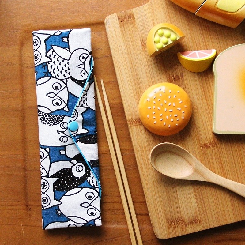 Wenqingfeng Environmental Chopsticks Bag~Guardian Blue Owl Storage Bag. Environmental Chopsticks Bag. Handmade Tableware Bag - กล่องเก็บของ - ผ้าฝ้าย/ผ้าลินิน สีน้ำเงิน