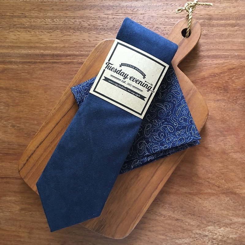 Blue Flannel Tie Set (Blueprinted) - 領帶/領帶夾 - 棉．麻 藍色
