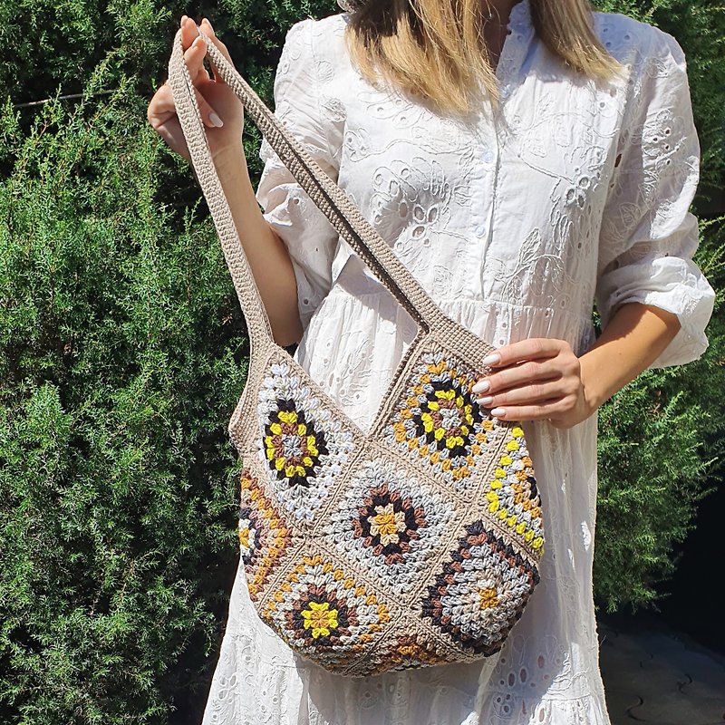 Crochet Granny Square Bag Shopper Vintage style Tote bag Knitting women bag - Handbags & Totes - Cotton & Hemp Khaki