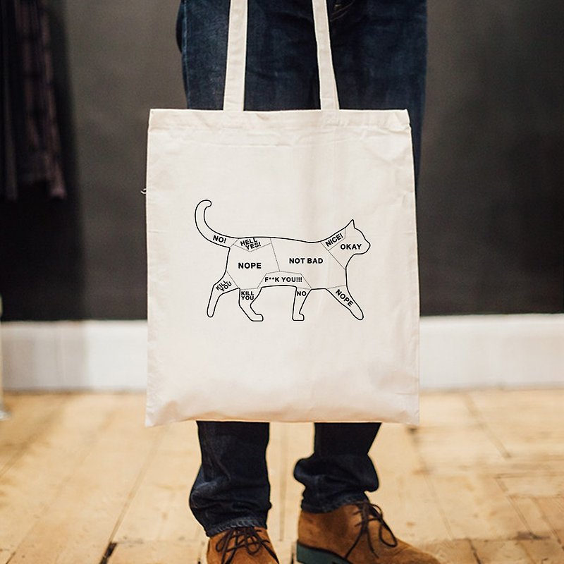 Cat Petting 帆布環保手提肩包購物袋 米白 貓咪撫摸注意事項禮物 - 側背包/斜背包 - 其他材質 白色