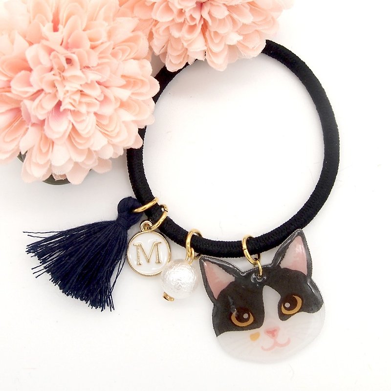 Meow handmade cat and cotton pearl hairband - black and white cat - Hair Accessories - Acrylic Black