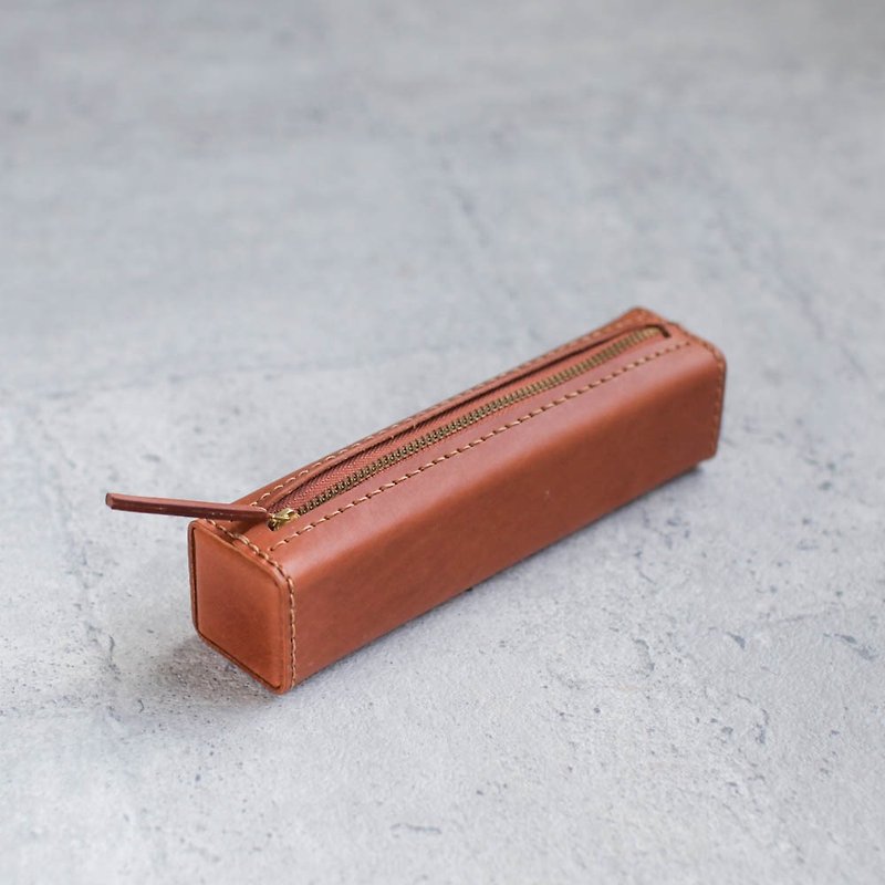 Tan caramel classy square veg-tanned leather pencil case/pen pouch - กล่องดินสอ/ถุงดินสอ - หนังแท้ สีส้ม