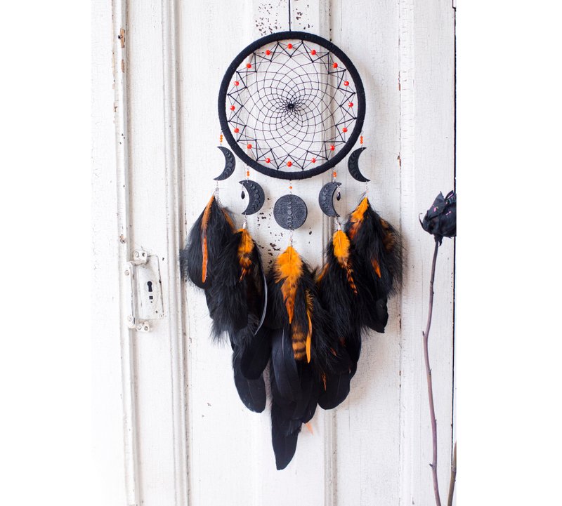 Moon Phases Black and Orange Dreamcatcher | Dream catcher wall decor - 壁貼/牆壁裝飾 - 木頭 黑色