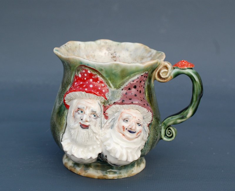 Art mug Mushroom Gnome Forest Witch Green scenic Cup decor Face relief mug - 咖啡杯/馬克杯 - 陶 多色