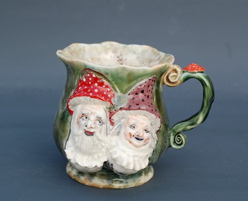 PorcelainShoppe Art mug Mushroom Gnome Forest Witch Green scenic Cup decor Face relief mug