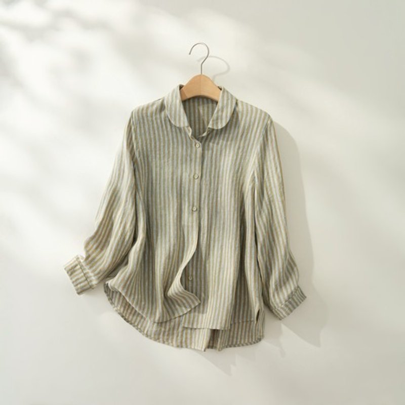 Easy to wear all year round Striped Linen blouse /Linen shirt Yellow-green/light green 240924-1 - เสื้อผู้หญิง - ผ้าฝ้าย/ผ้าลินิน 