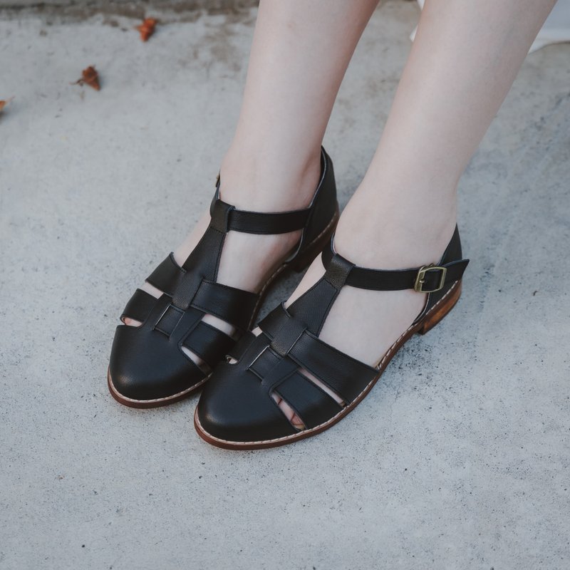 Handmade Woven Leather Sandals | Black | Taiwanese Handcrafted Shoes - รองเท้ารัดส้น - หนังแท้ สีดำ