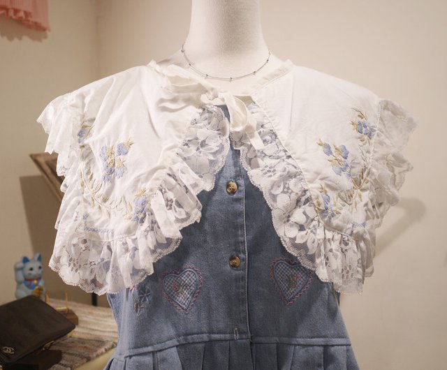 Back to Green- Remade embroidered exquisite collar piece baby blue flowers  vintage