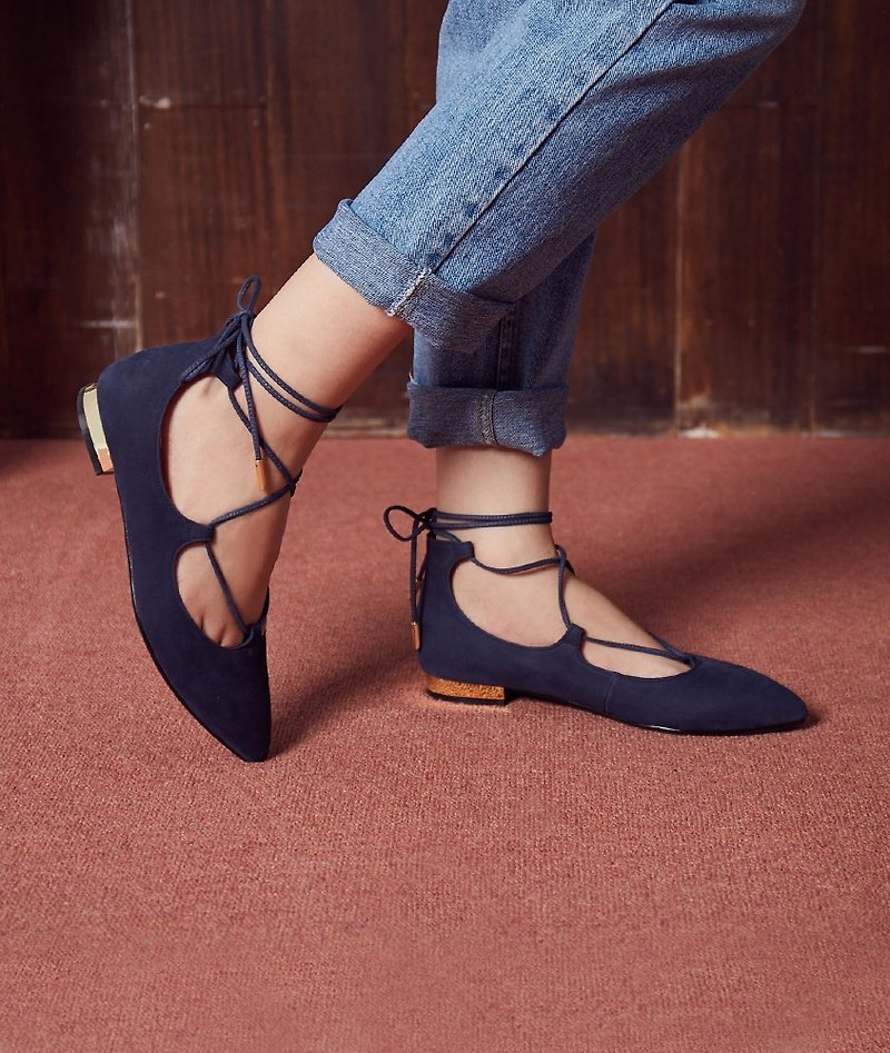 [French Flirting] Ankle strap pointed toe metal heel flats_Midnight Blue (No. 22/24) - รองเท้าหนังผู้หญิง - หนังแท้ สีน้ำเงิน
