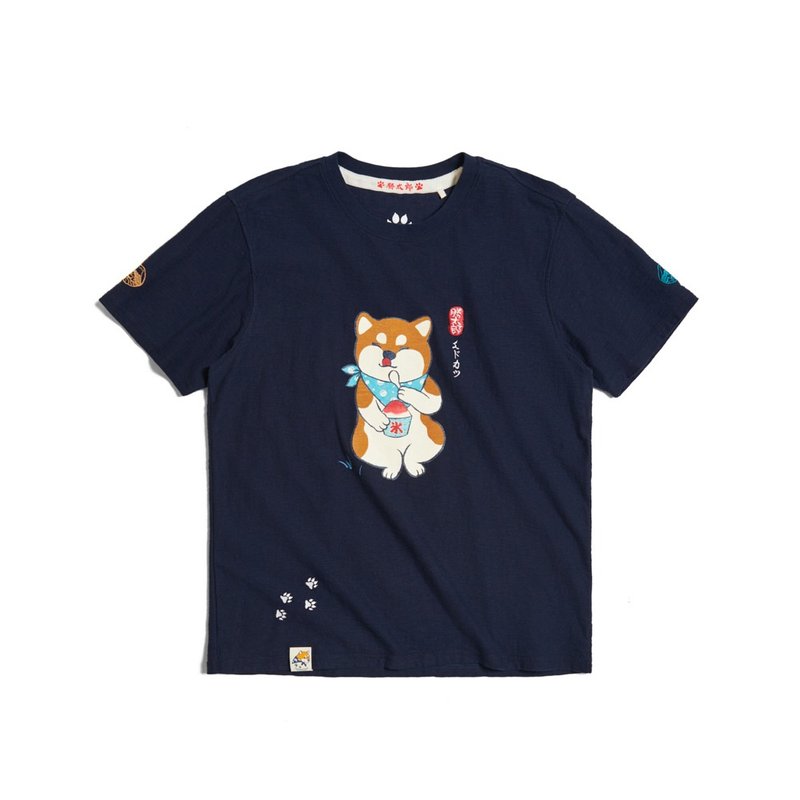 江戶勝 日系 男裝 加大碼 勝太郎系列 勝太郎吃冰短袖T恤(丈青色) - 男 T 恤 - 棉．麻 藍色