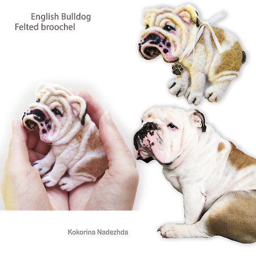 Nadinart Felted brooch English Bulldog, brooch for women, natural wool, dog brooch animal