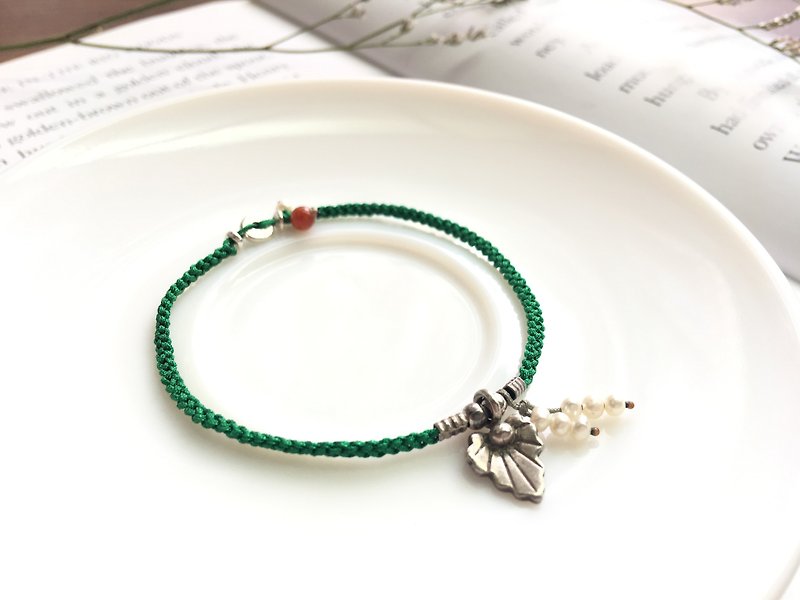 Ops pearl agate Silver Dainty Gemstone lucky bracelet- 珍珠/瑪瑙/細緻/幸運繩/純銀/繩編/限定/綠色 - 手鍊/手鐲 - 棉．麻 綠色