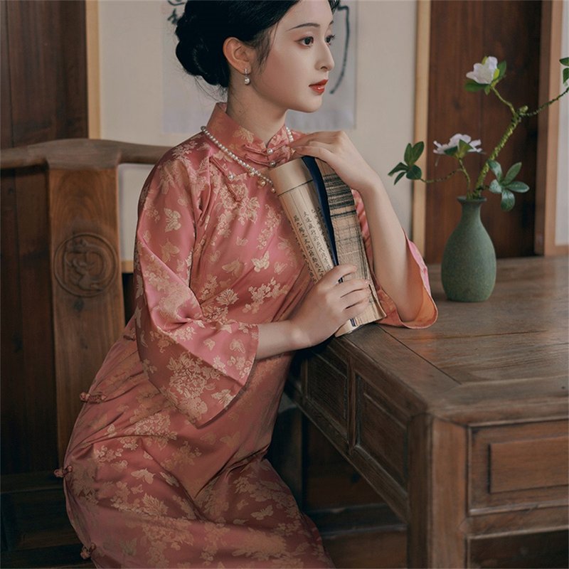 玉妍 古法倒大袖旗袍 復古中國風少女年輕款洋裝 秋季連衣裙 - 旗袍/改良式旗袍 - 聚酯纖維 粉紅色
