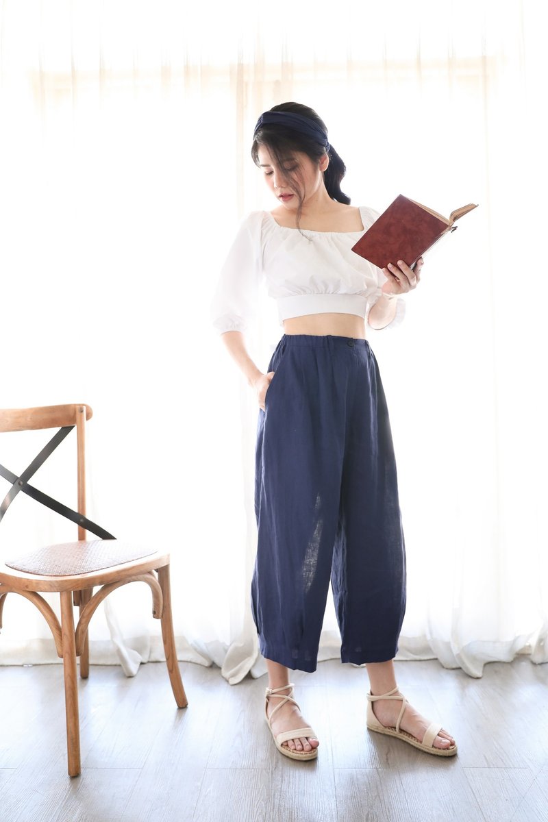 Natural Linen Pants with Stitching Details at the Leg - Navy Blue - Women's Pants - Linen Blue