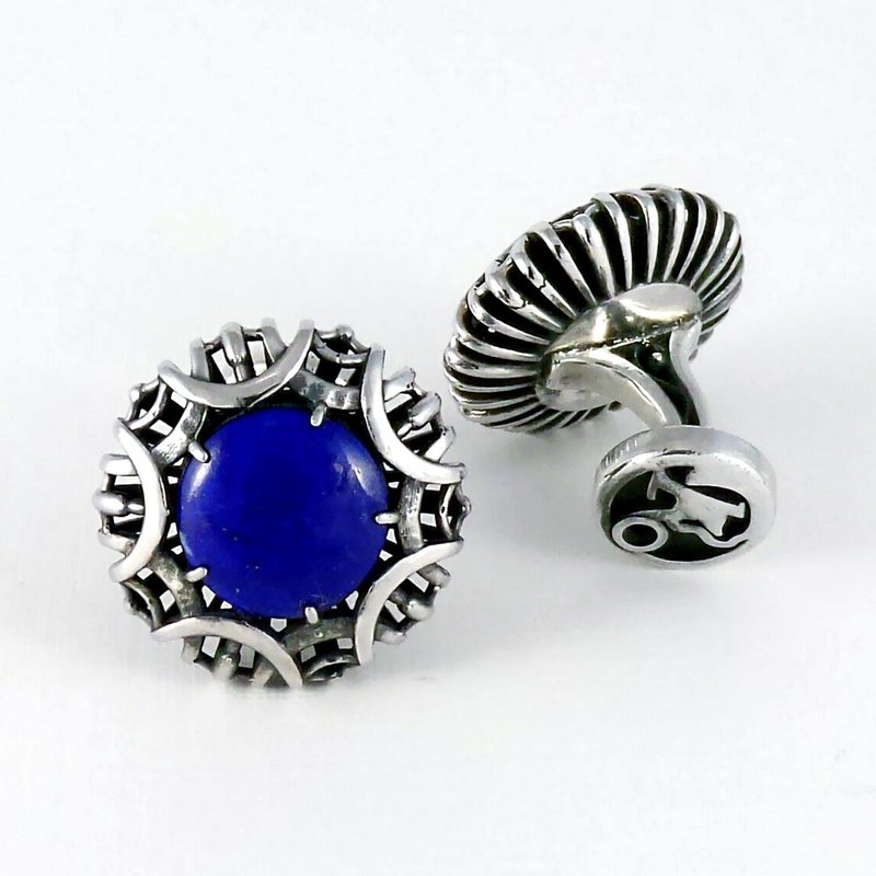Zenith | Lapis Lazuli Sterling Silver 925 Fretwork Cufflinks - กระดุมข้อมือ - เครื่องเพชรพลอย สีน้ำเงิน