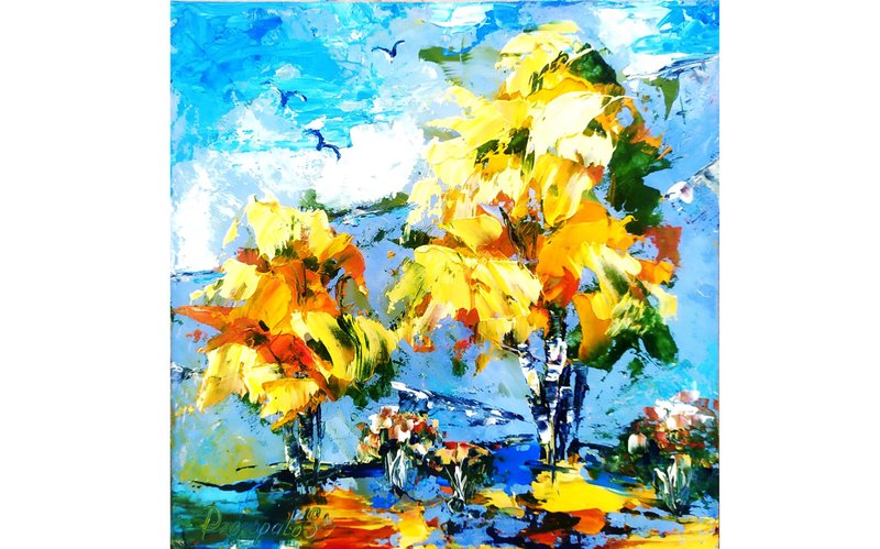 Birch Tree Oil Painting Original Art Red Tree Colorado Artwork 8x8 - 壁貼/牆壁裝飾 - 其他材質 黃色