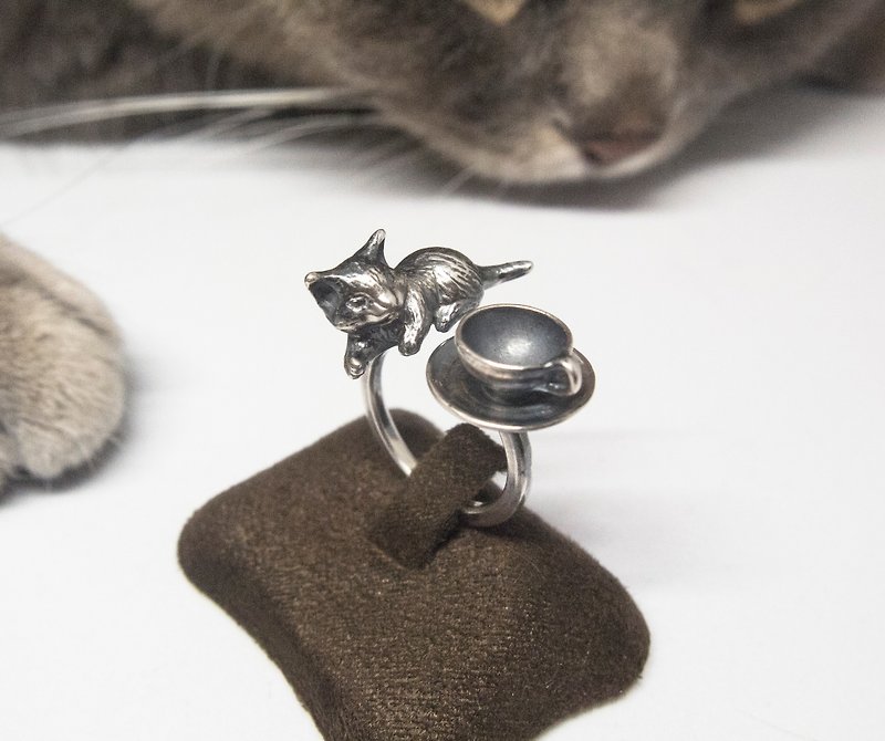 Cute Silver Cat Open Ring Tea Cup Ring Tea Party Dress Cat Lover Gift For Her - แหวนทั่วไป - โลหะ สีเงิน
