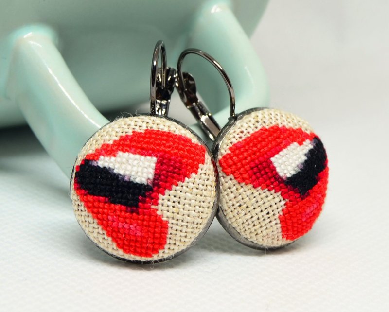 Red lips embroidered earrings, Badass jewelry, Handcrafted beauty modern gift - ต่างหู - งานปัก สีแดง