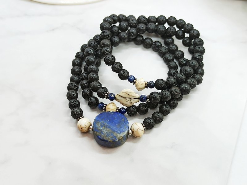 [108 rosary series / unique product] volcanic rock*lapis lazuli*clam rosary multi-circle bracelet - สร้อยข้อมือ - เครื่องประดับพลอย สีดำ