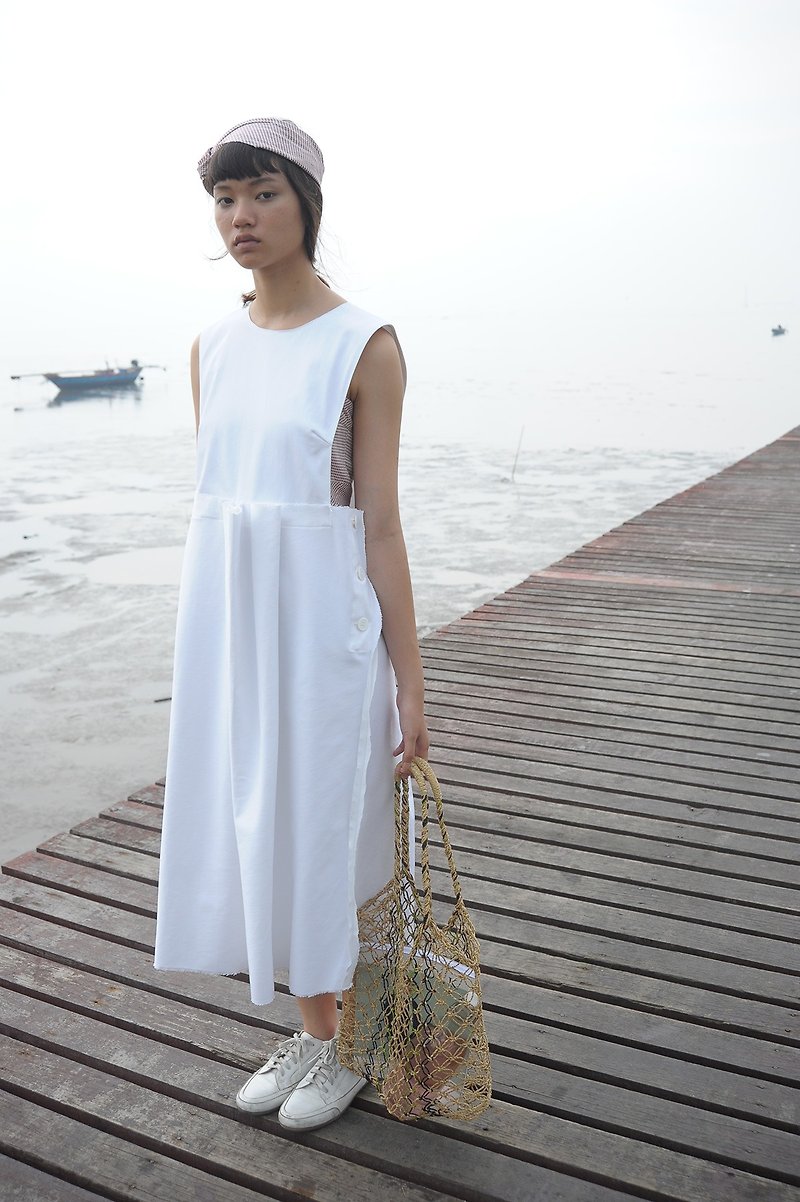 Mani Mina White Pleat Jeans Overall - ชุดเดรส - ผ้าฝ้าย/ผ้าลินิน 