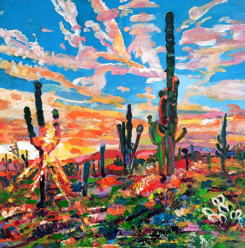 Cactus Painting 油畫原作  Original Art 手工油畫 Impasto Oil Painting Oil On Canvas - โปสเตอร์ - วัสดุอื่นๆ สีส้ม