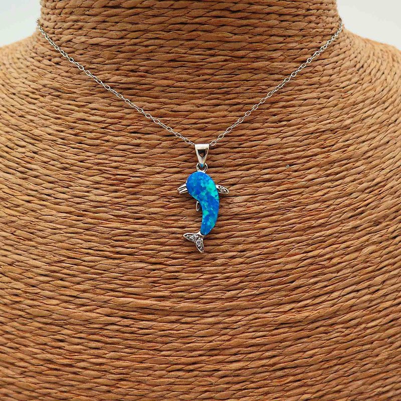 Dolphin Clavicle Necklace 925 Silver Silver Sideways Opal Pendant - Collar Necklaces - Sterling Silver Blue