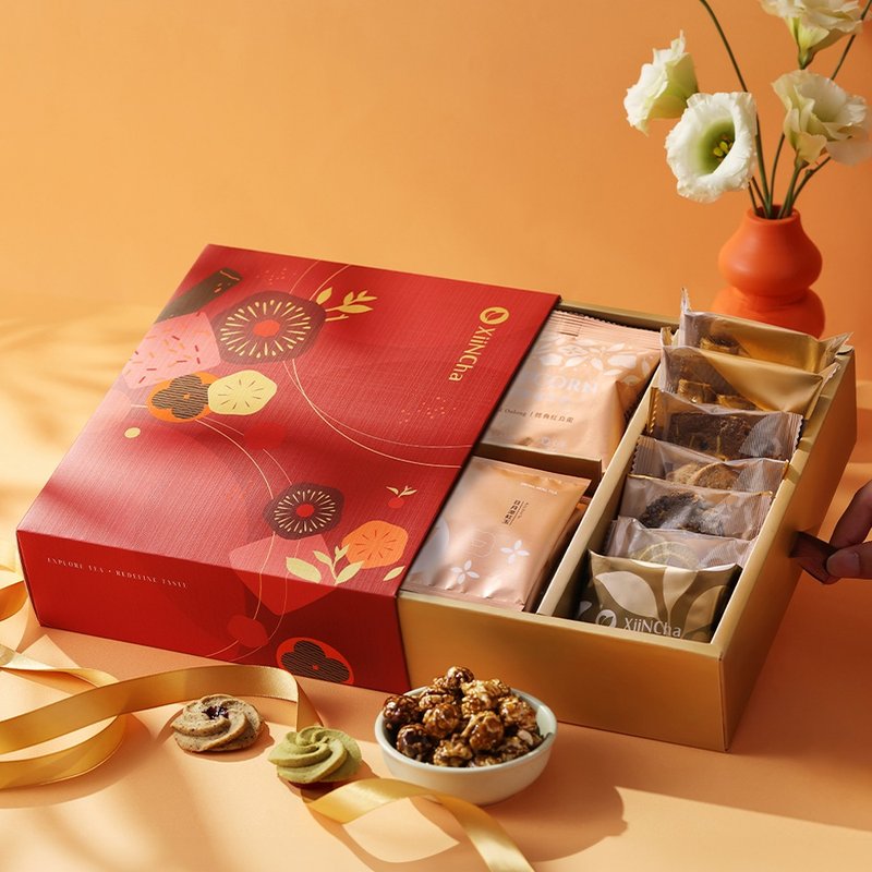 新年ギフトボックス | 緞藏金匣 焙じ茶ポップコーン＆鉄観音エッグロール＆台湾ティーバッグ 13/12個入り - ケーキ - 食材 