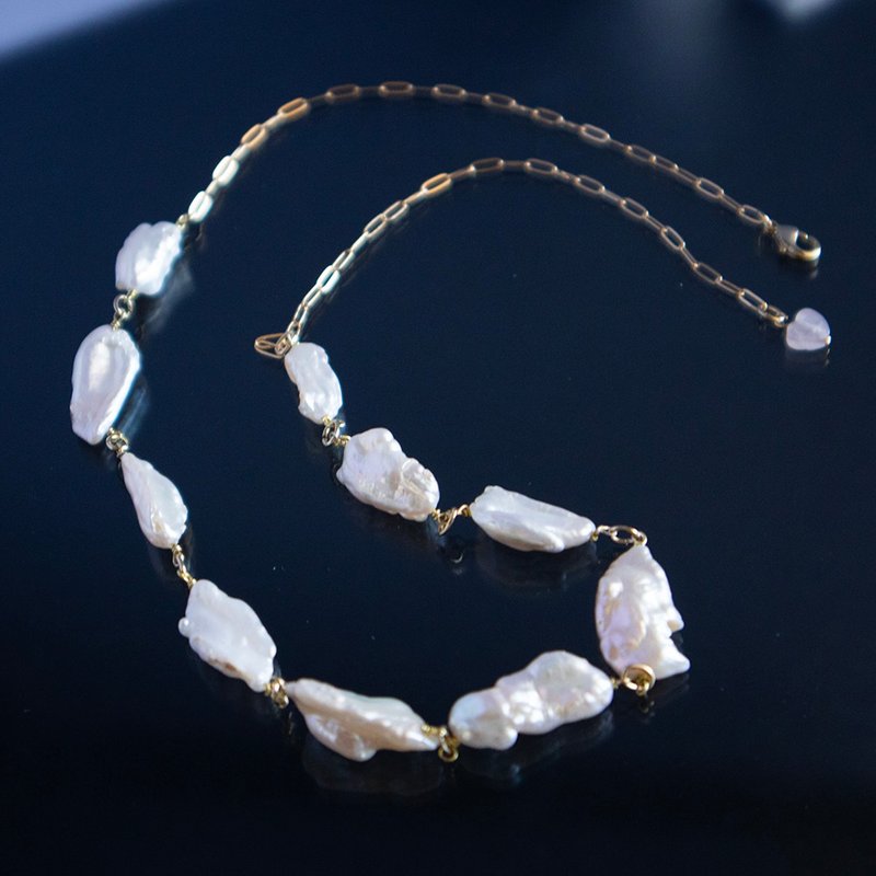 Large baroque pearl necklace / heart rose quartz end part / limited edition - Necklaces - Pearl 