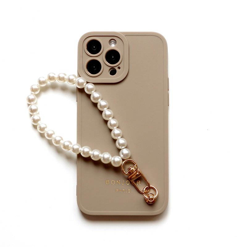 iPhone15/14/13/12 gray beige pearl bracelet mobile phone case - Phone Cases - Plastic Khaki
