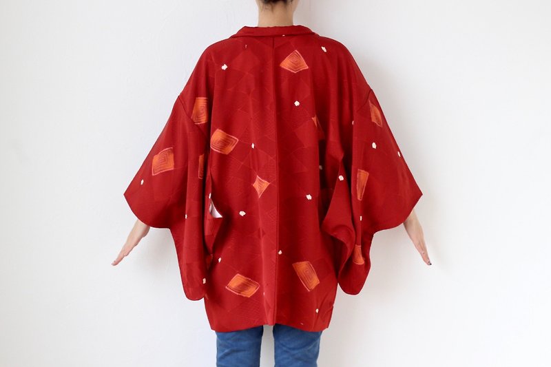 shibori haori, diamond kimono, Japanese kimono, Authentic kimono /3492 - 外套/大衣 - 絲．絹 紅色