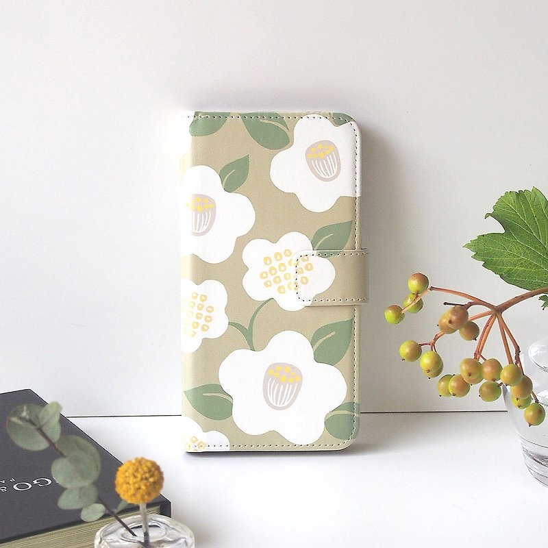 Notebook type phone case - Camellia Japonica / beige - - เคส/ซองมือถือ - หนังเทียม สีกากี