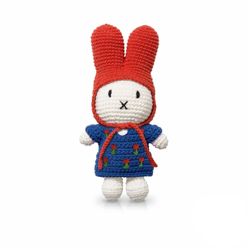 手工製Miffy 米飛兔【藍花裙+紅帽】 - 寶寶/兒童玩具/玩偶 - 棉．麻 多色