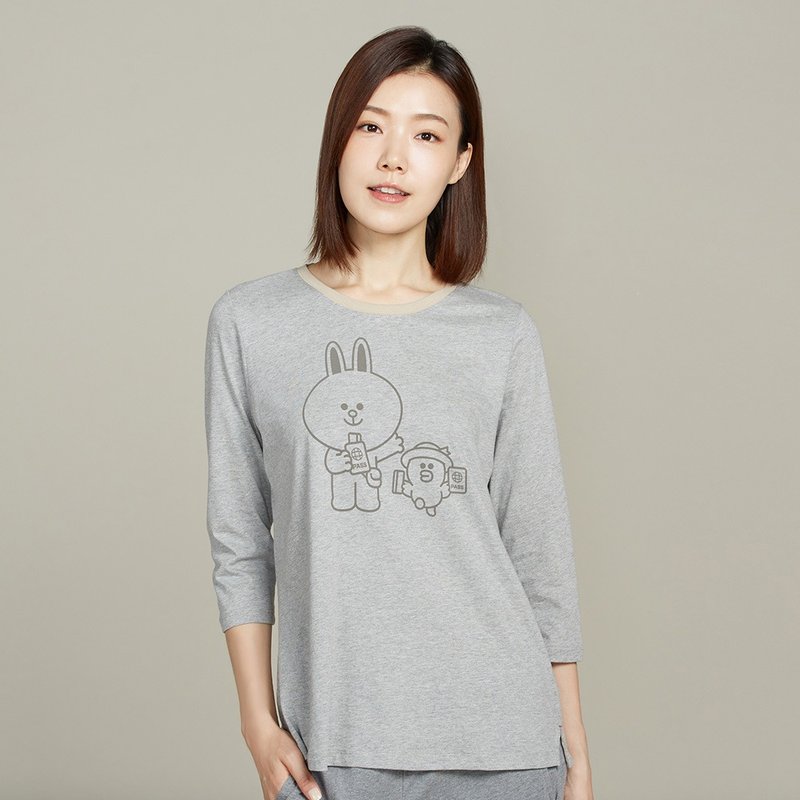 LINE FRIENDS | 兔兔莎莉網印七分袖上衣-迷霧灰 - 女裝上衣 - 棉．麻 灰色