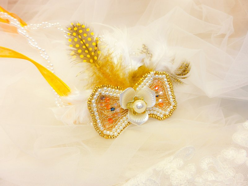 古典的な優雅さのダイヤモンドレースの真珠の毛リードリング - ゴールド羽の刺繍レース - ヘアアクセサリー - 刺しゅう糸 ゴールド