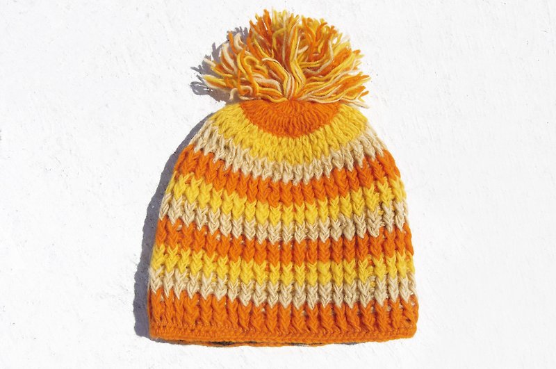 Christmas gift limited hand-woven pure wool hat / knitted wool hat / inner brush hand knitted wool hat / woolen hat (made in nepal)-orange lemon juice colorful stripes - หมวก - ขนแกะ สีส้ม