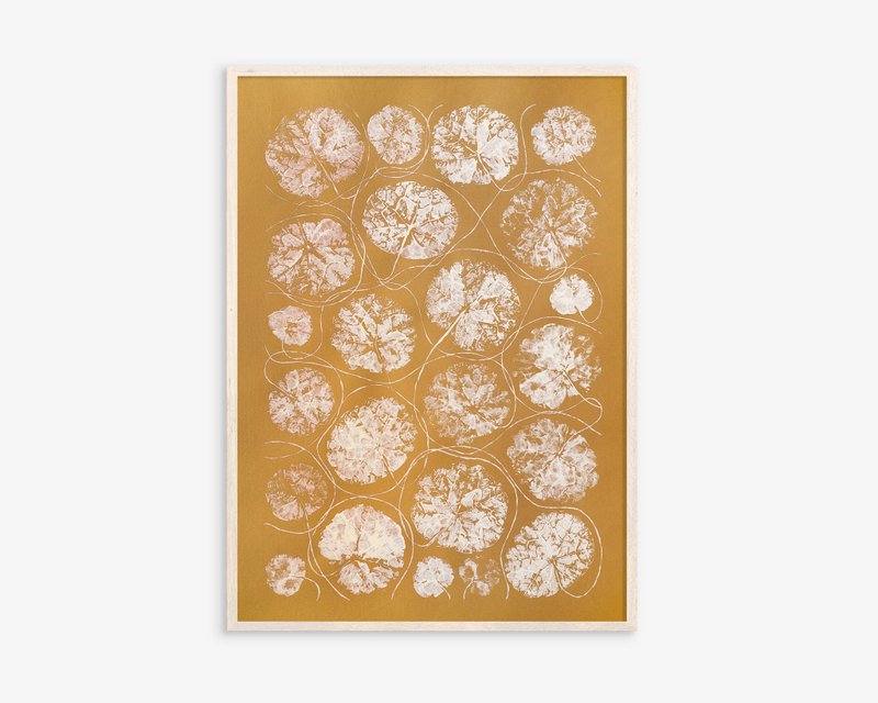 Ochre and beige textured leaves plant wall art Monotype print Original artwork - Posters - Paper Yellow