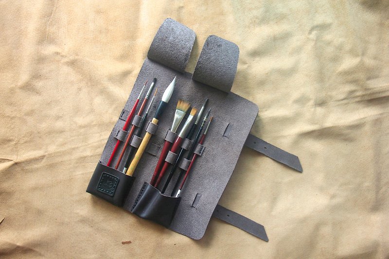 Watercolor pen, writing brush, storage bag, pen roll - Pencil Cases - Genuine Leather Black