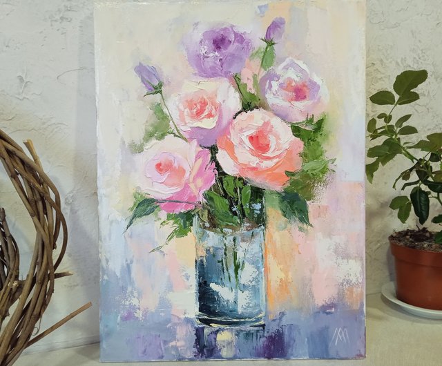 花の静物画 油絵 額縁付き油絵 Size 40×30