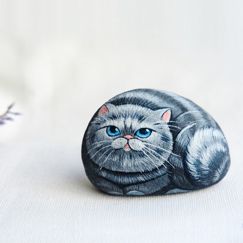 Cat stone painting. - ของวางตกแต่ง - หิน สีเทา