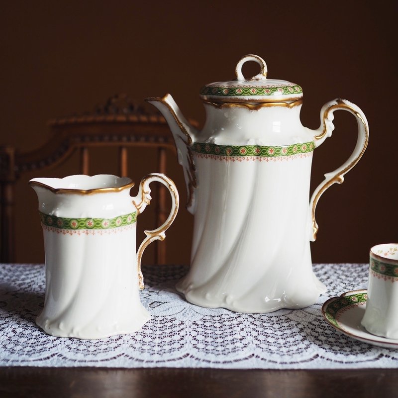 19世紀法國古董 LIMOGES 茶壺和奶壺 套裝 - 茶壺/茶杯/茶具 - 陶 綠色