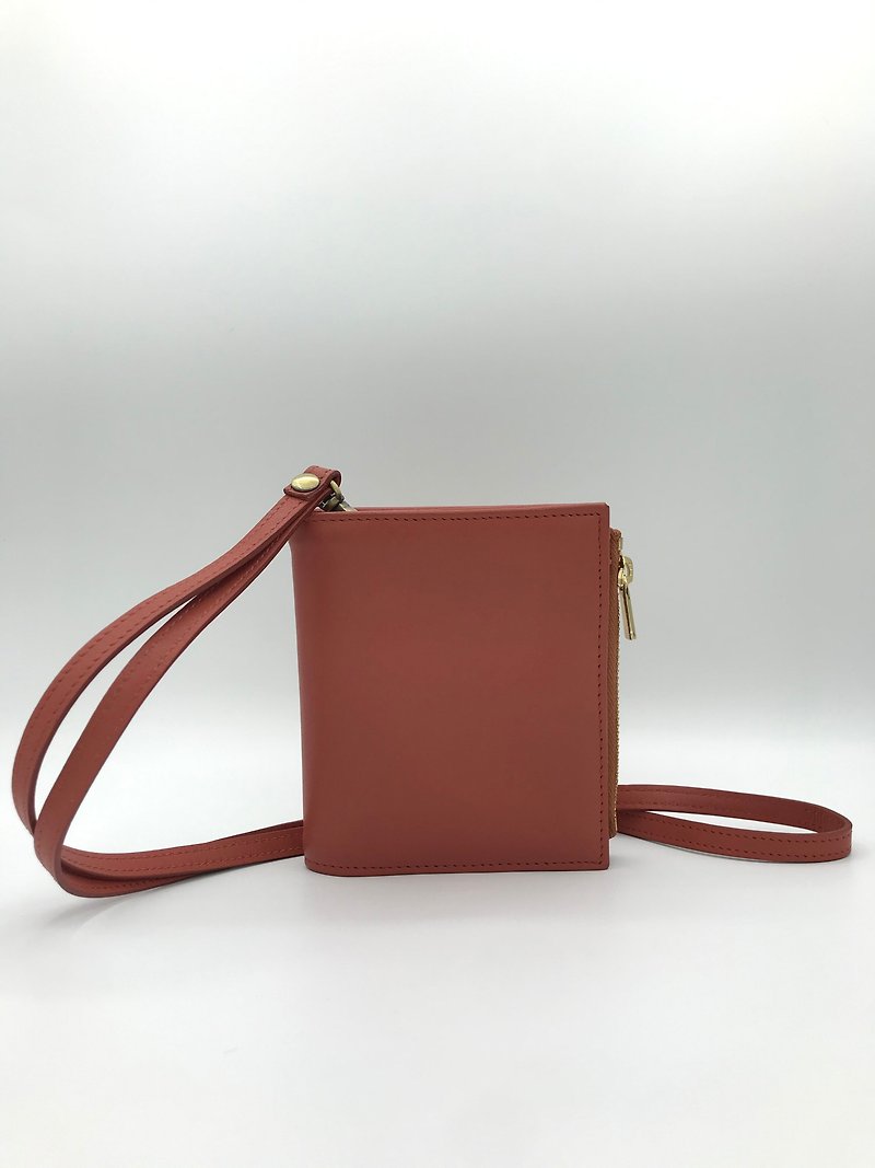 革財布 Minimalist Slim Leather wallet with strap - Lady Purse - 財布 - 革 オレンジ