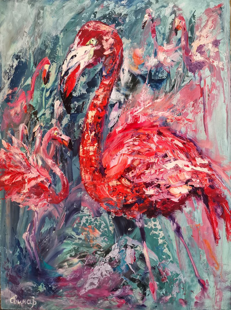 Flamingo Pink Birds Abstract Love Art Original Oil Painting Artist Svinar Oksana - อื่นๆ - วัสดุอื่นๆ หลากหลายสี