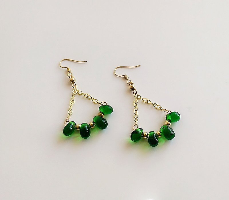 [Sarah Series] Green Glass Brass Hand-made Green • Earrings (changeable clip type) - Earrings & Clip-ons - Other Metals Green