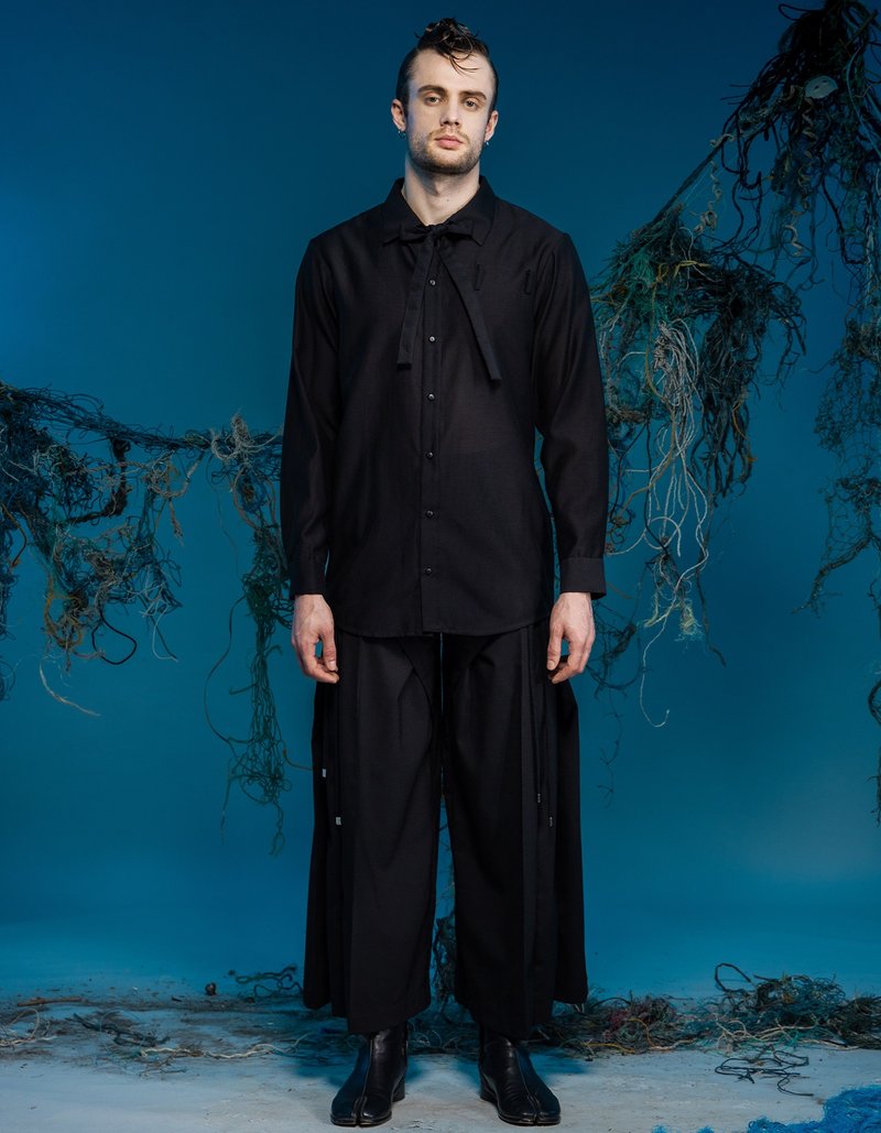 長袖襯衫/解構衣領/綁帶/23AW-INF - 男襯衫/休閒襯衫 - 棉．麻 黑色