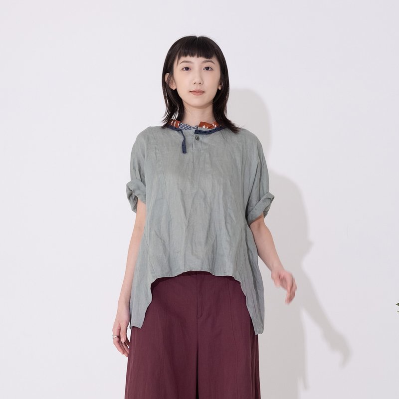 Single-button linen top with lively color collar - Women's Tops - Linen Gray