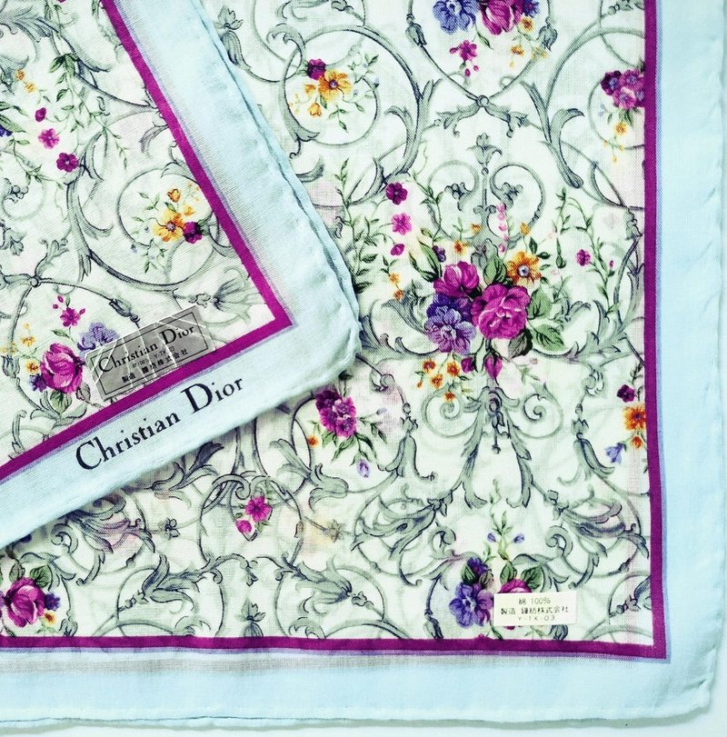 Christian Dior Vintage Handkerchief Floral Pocket Square 19 x 19 inches - ผ้าเช็ดหน้า - ผ้าฝ้าย/ผ้าลินิน สีน้ำเงิน