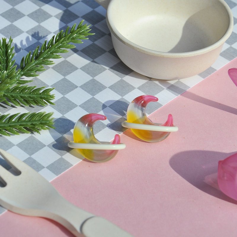 Pink and Yellow Moon Planet Earrings/ Acrylic Earrings - ต่างหู - อะคริลิค 